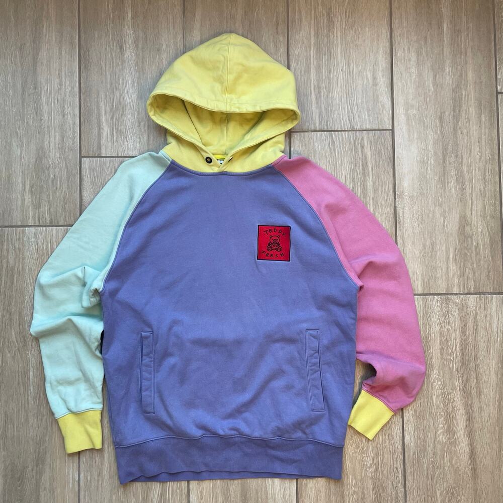 Teddy Fresh Hoodie Mens M Pastel Colorblock Logo Streetwear Pullover Sweatshirt